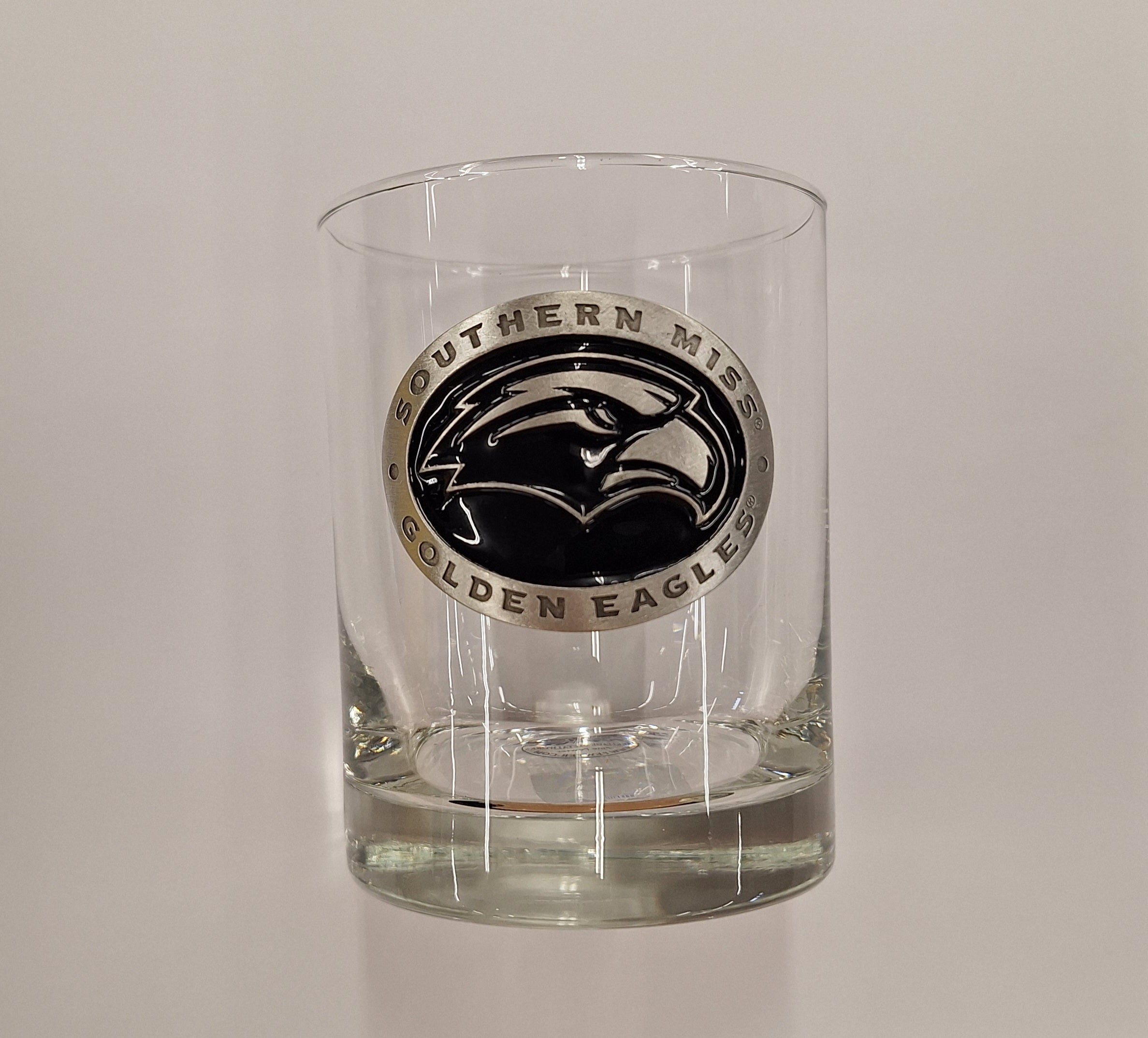 Double Old Fashioned Glass with Eagle Head Pewter Emblem