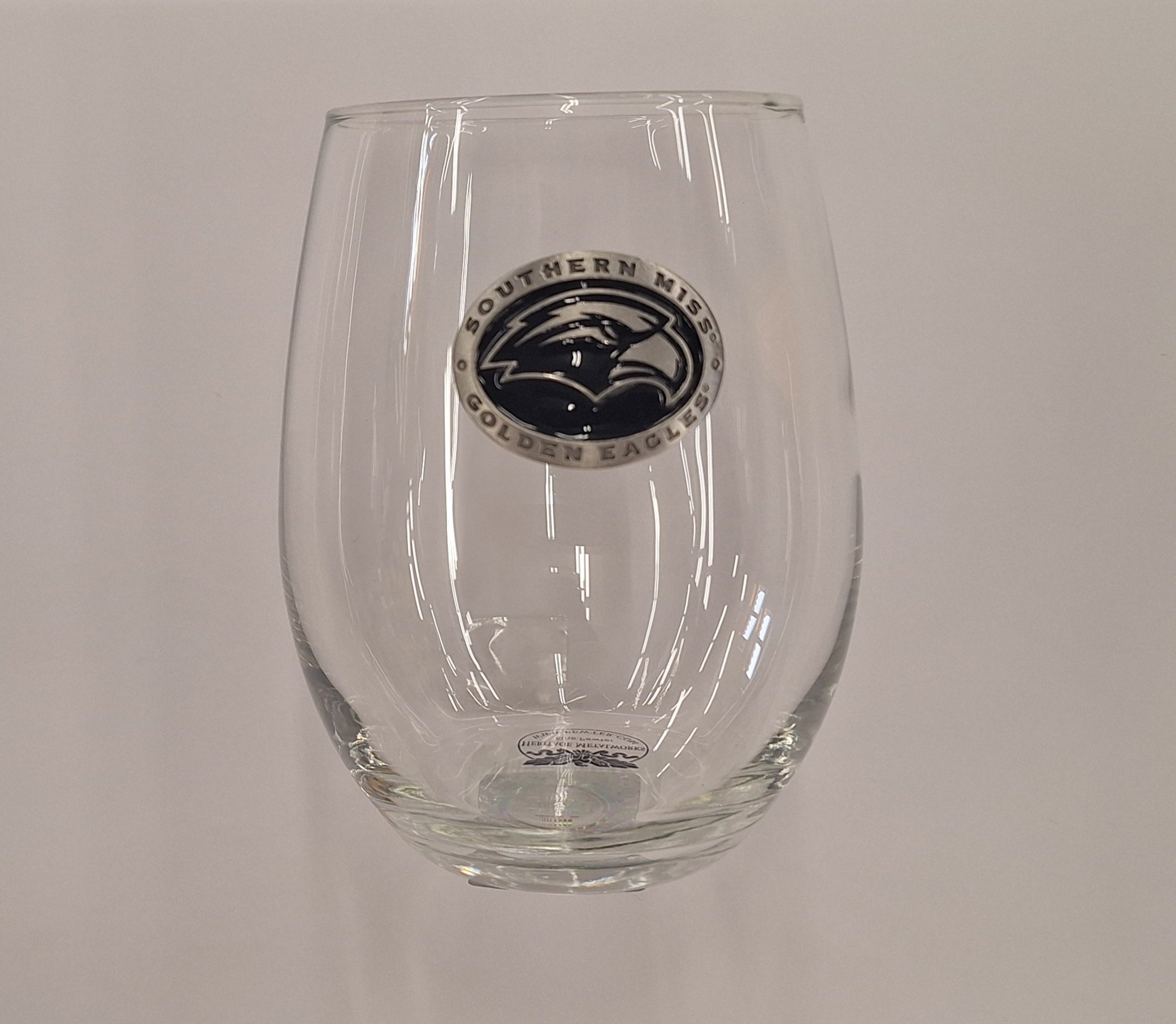 Stemless Wine Glass with Pewter Eagle Head Emblem