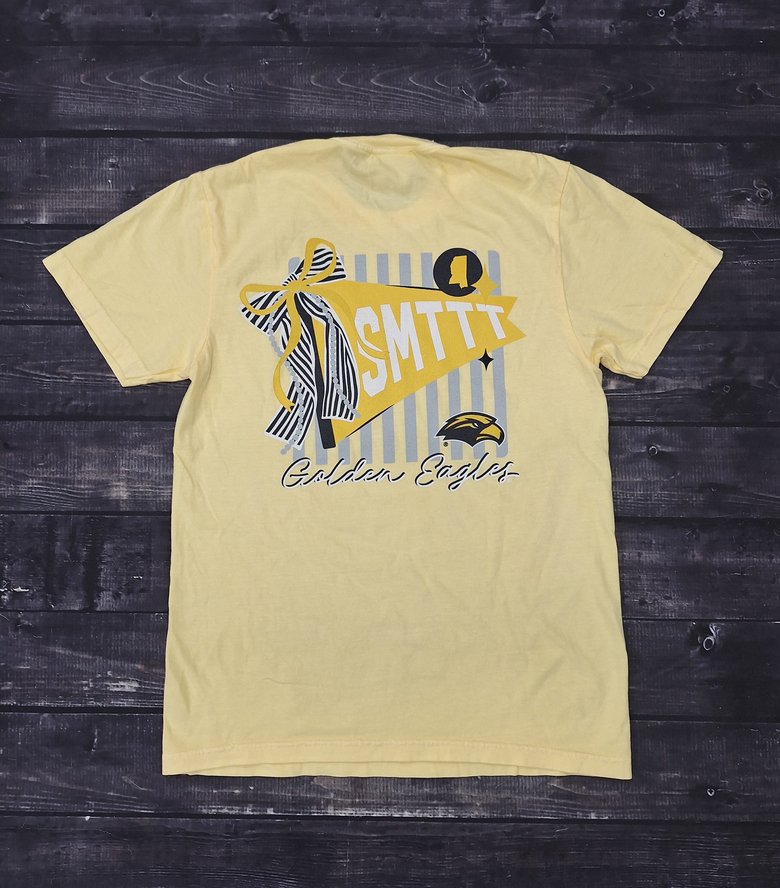 Image One Short Sleeve Comfort Colors Pennant Stripes and Bows Golden Eagles with Eagle Head