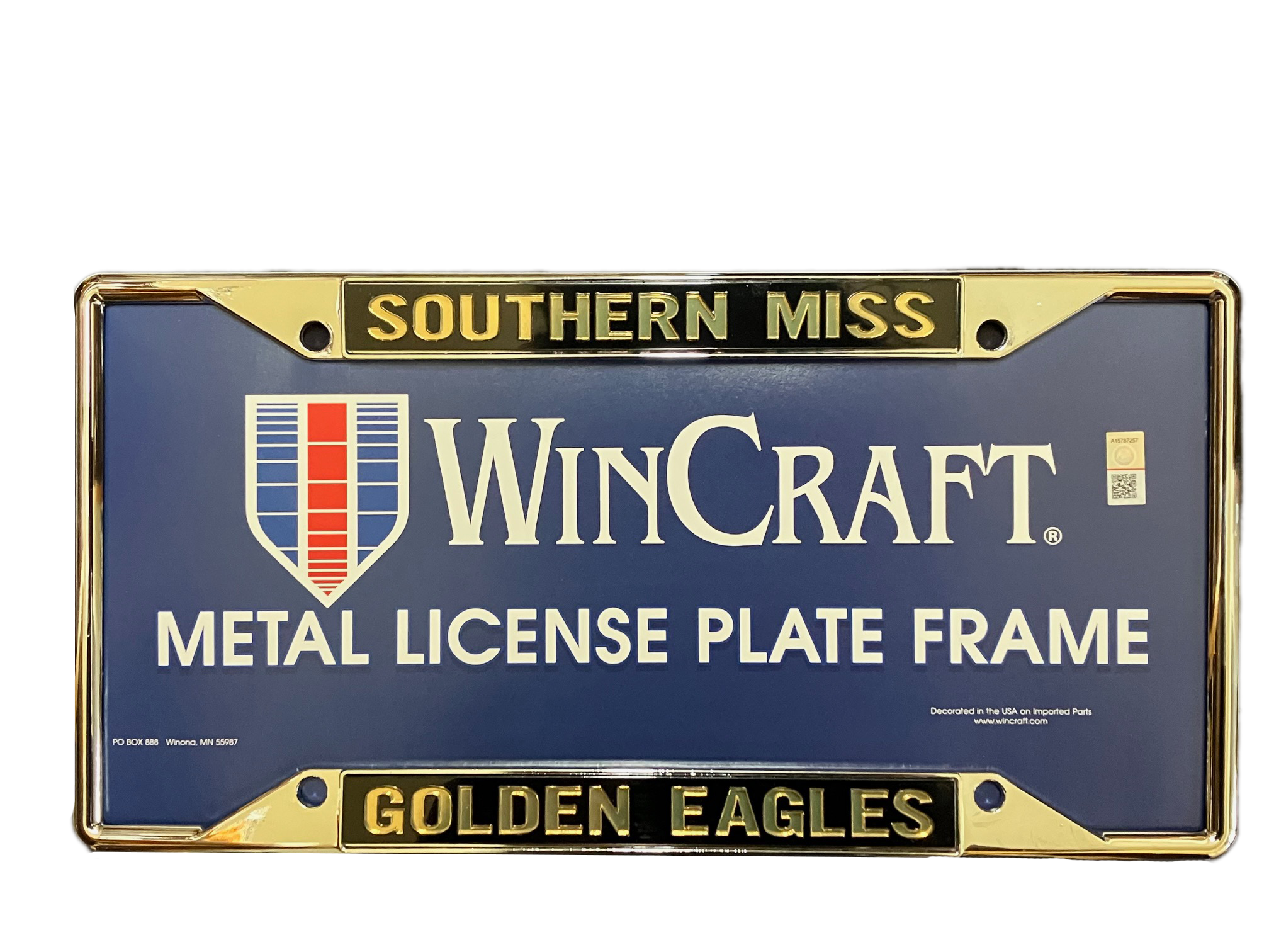 Auto License Plate Frame with Mirrored Gold Southern Miss Over Golden Eagles