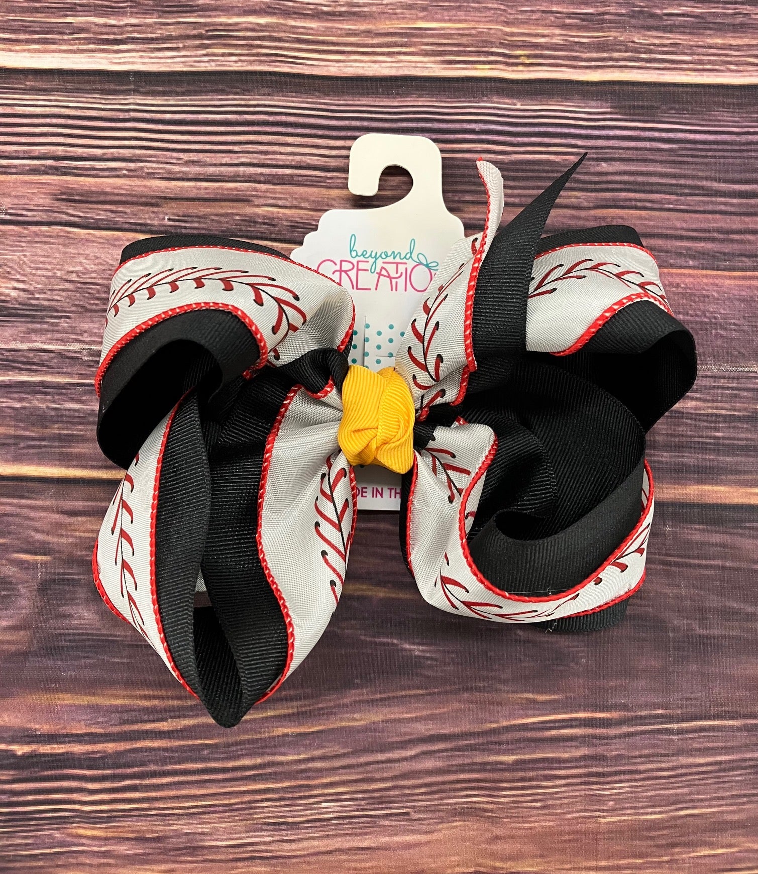 Hair Bow XXL Baseball Stitch Over Black Gold Knot