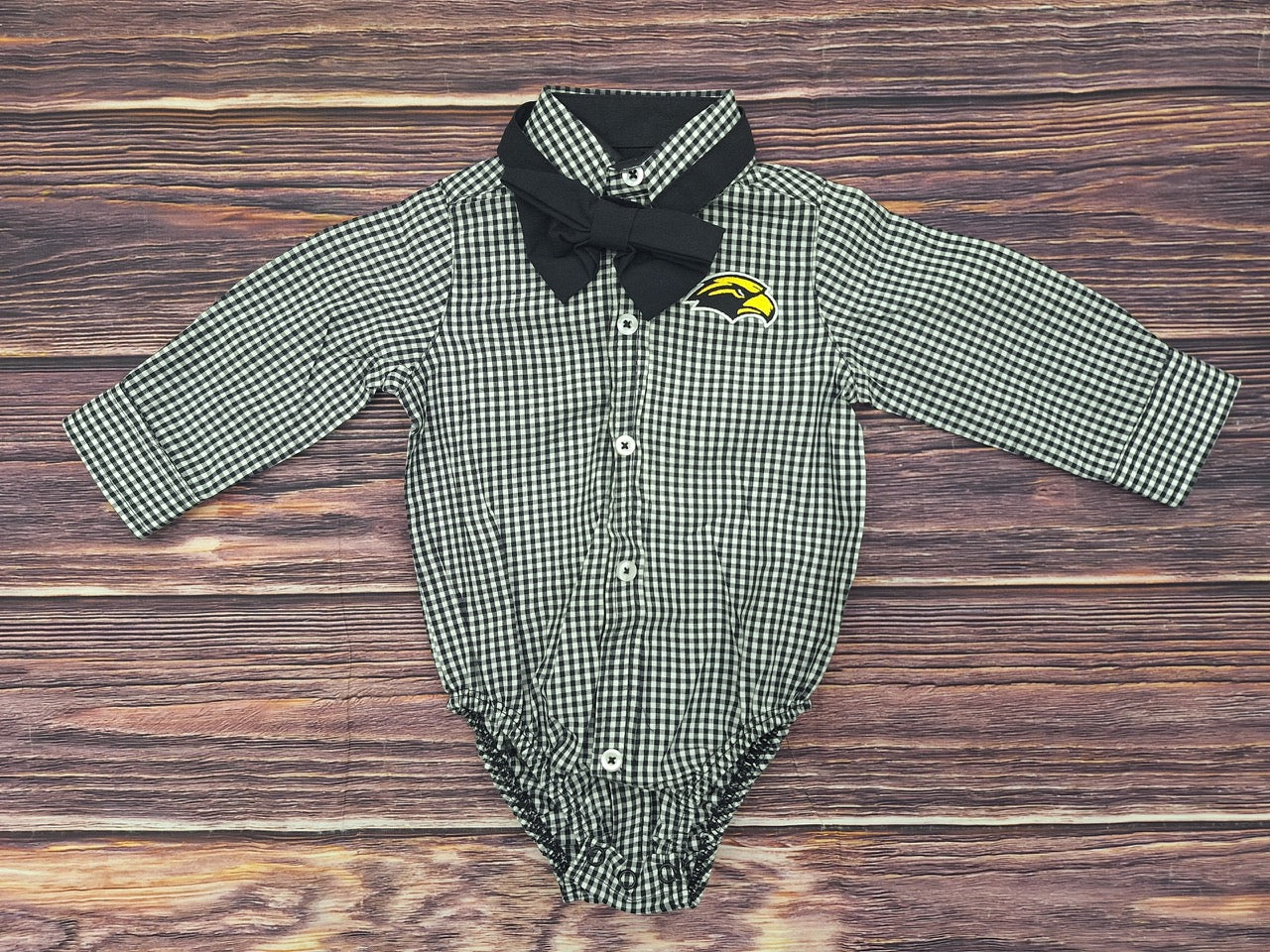 Gingham Bodysuit with Black Bowtie and Eagle Head