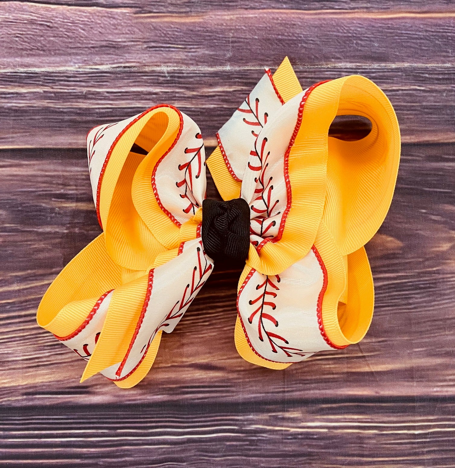 Hair Bow Baseball Lace Gold Outter Black Knot