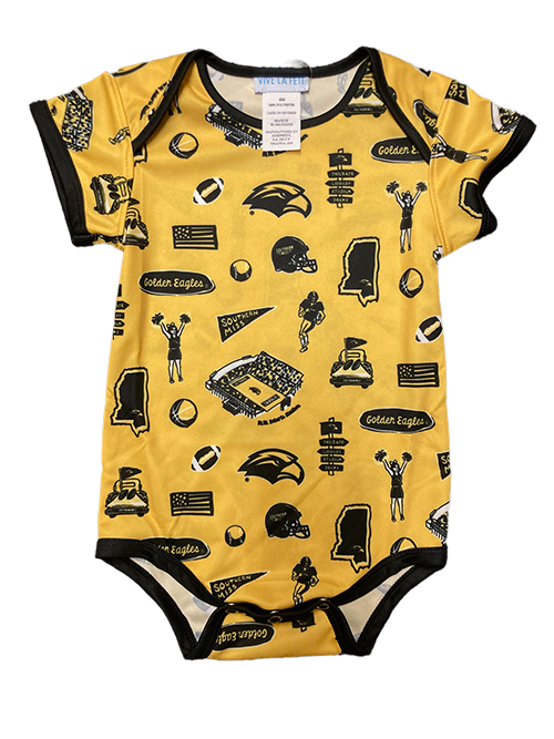 Vive La Fete, INC Baby Short Sleeve Onesie with Southern Miss Football Icons All Over