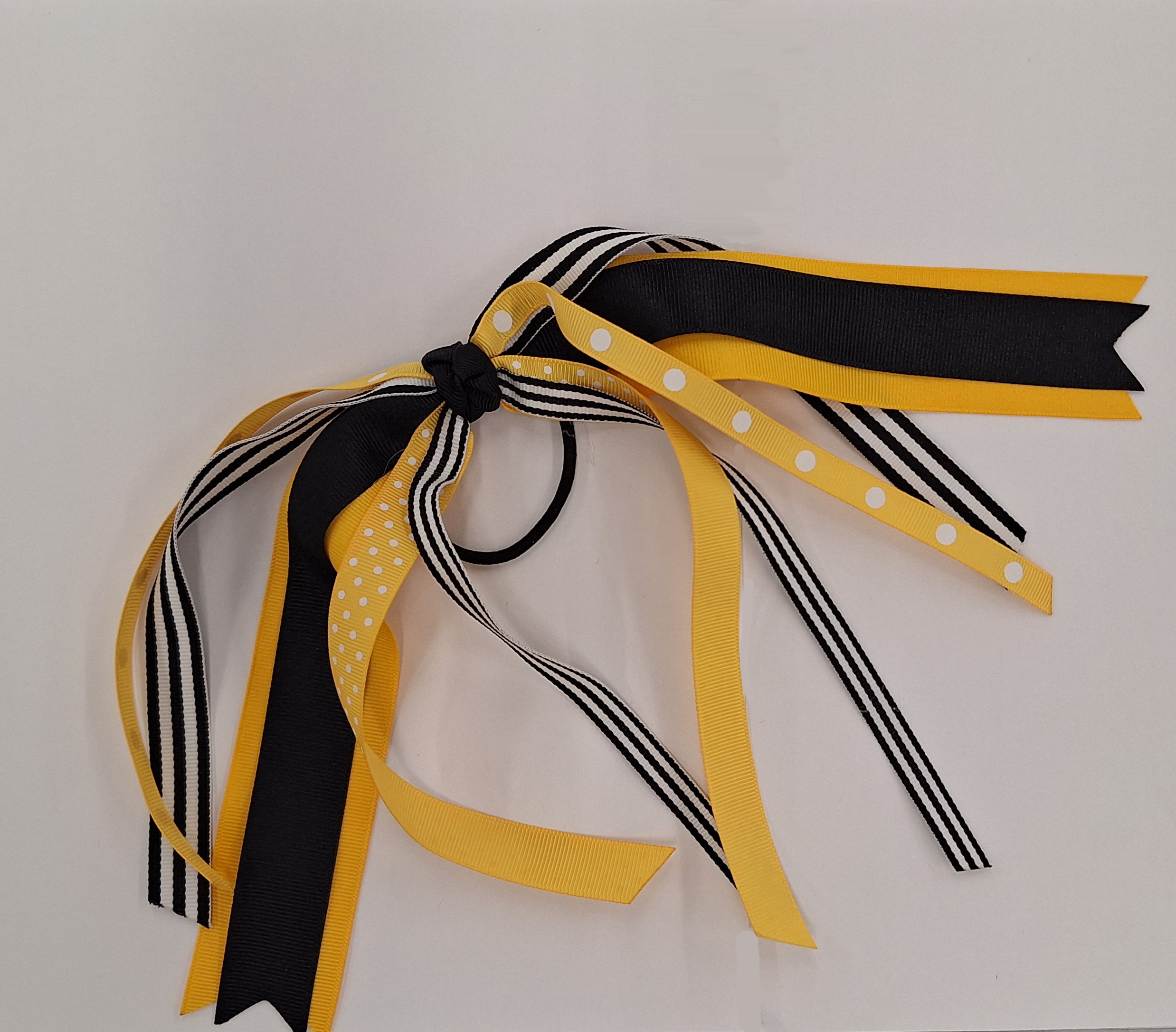 Hair Bow Elastic Pony Streamers Gold Black White Stripes Dots