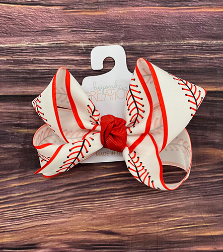 Hair Bow Large Baseball Stitch Trim Red Knot
