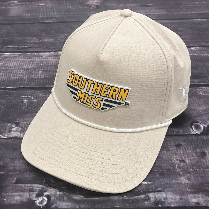 Cap Baseball Bill Rope White with PVC Southern Miss Bars Gold Black Rubber Logo