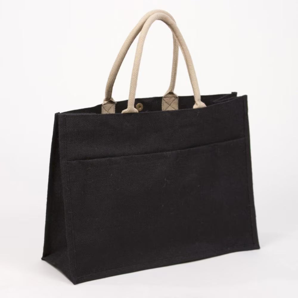 Jute Pocket Tote with Brown Handle