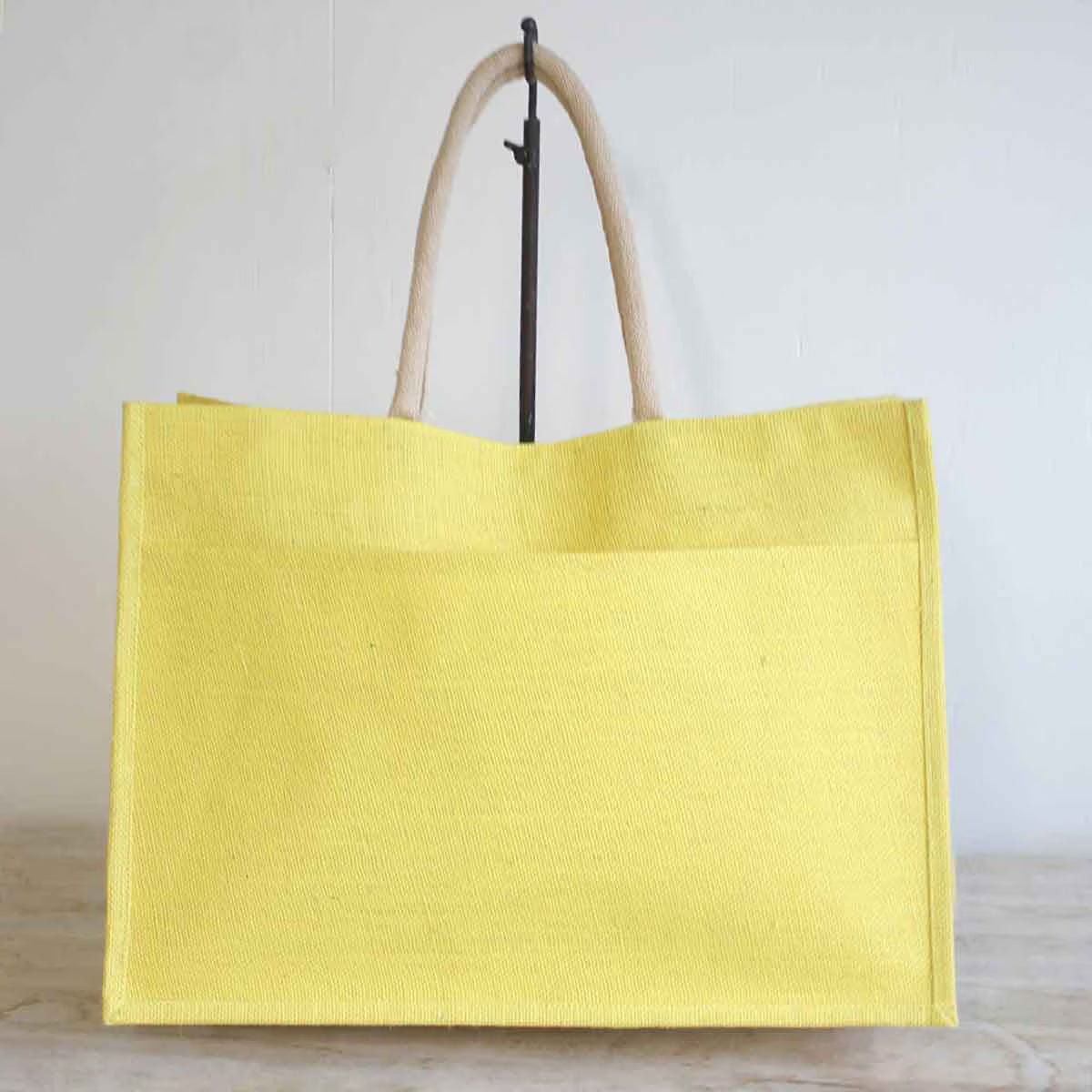 Jute Pocket Tote with Brown Handle