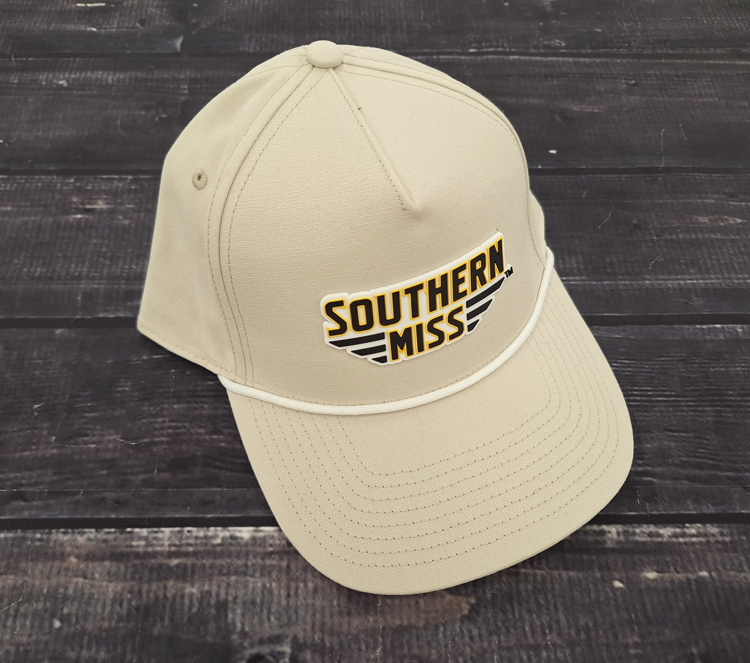 Cap Baseball Bill Rope White with PVC Southern Miss Bars Gold Black Rubber Logo