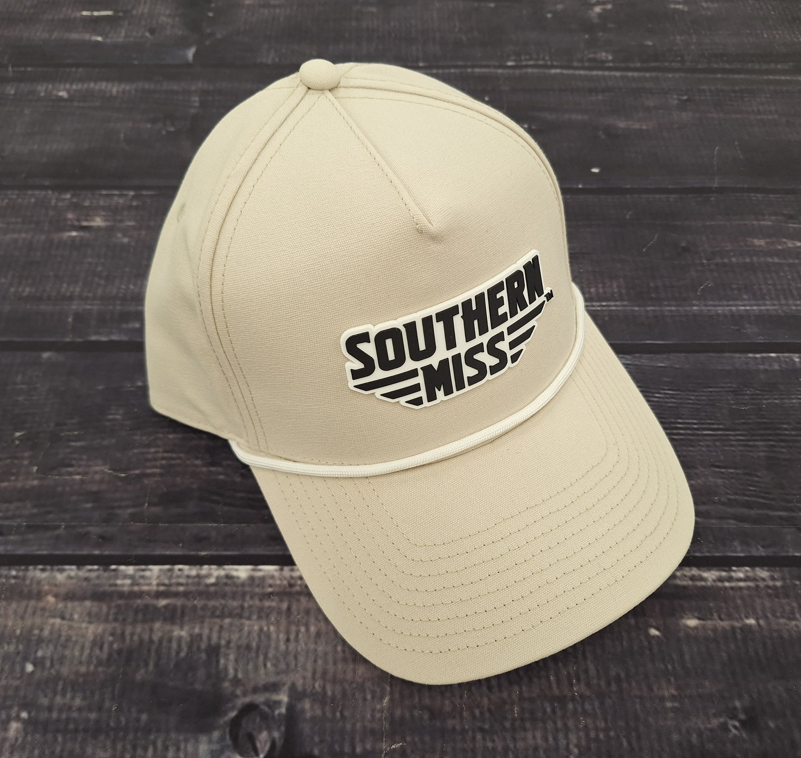 Cap Baseball Bill Rope White with PVC Southern Miss Bars Black Rubber Logo