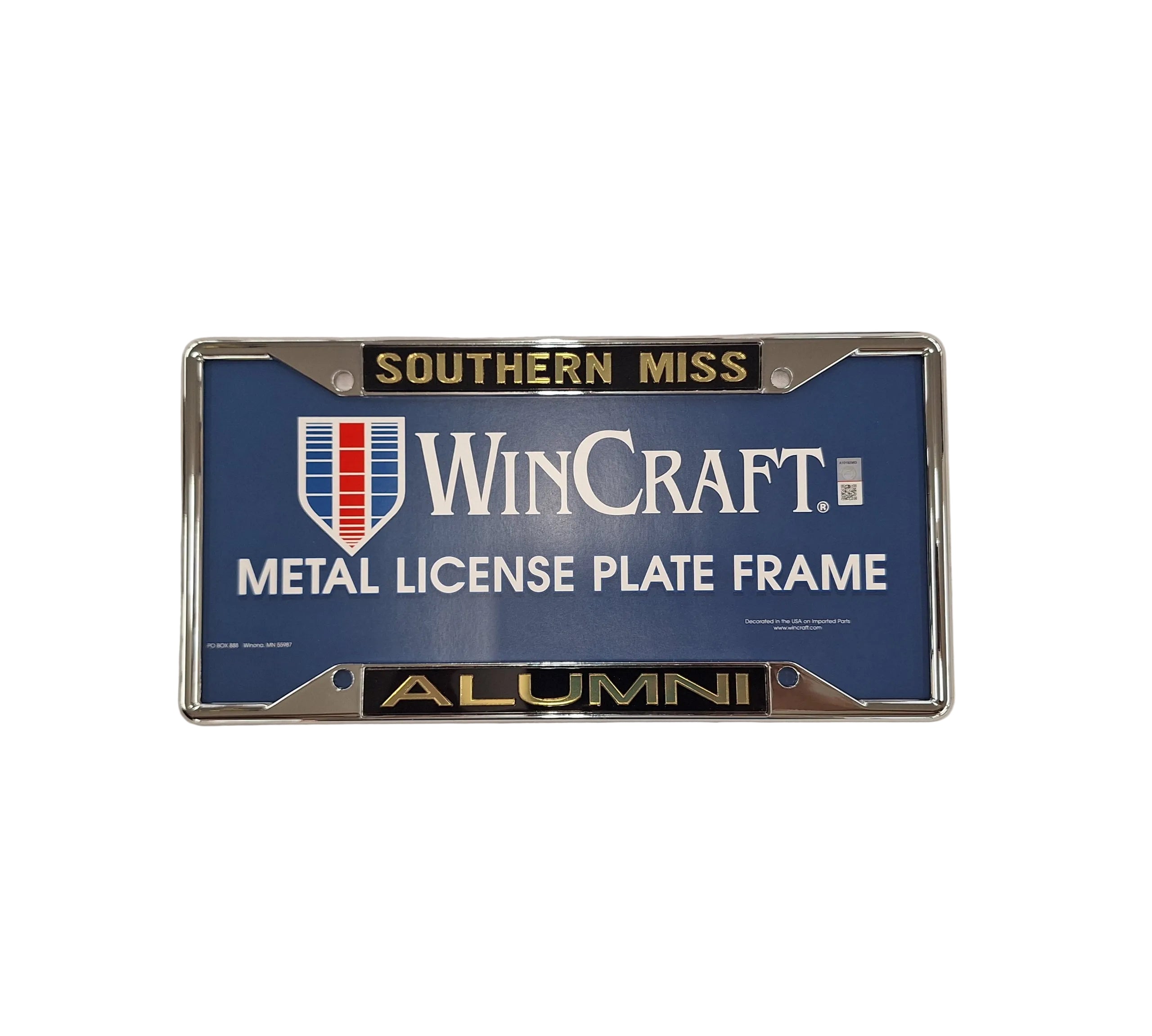 Auto License Plate Frame with Mirrored Gold Southern Miss Over Alumni