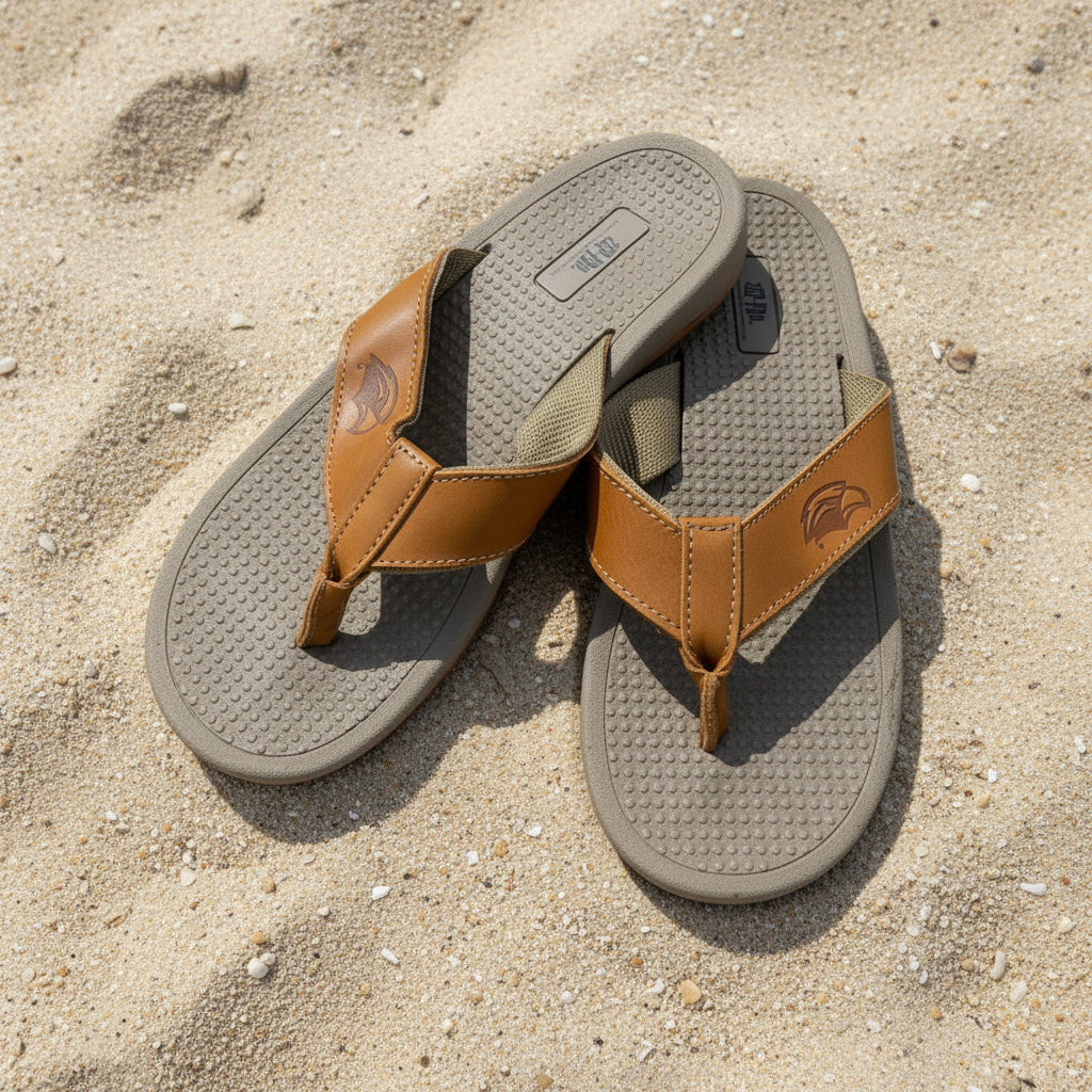 Men's Stitched Leather Flip-Flops with Embossed Eagle Head