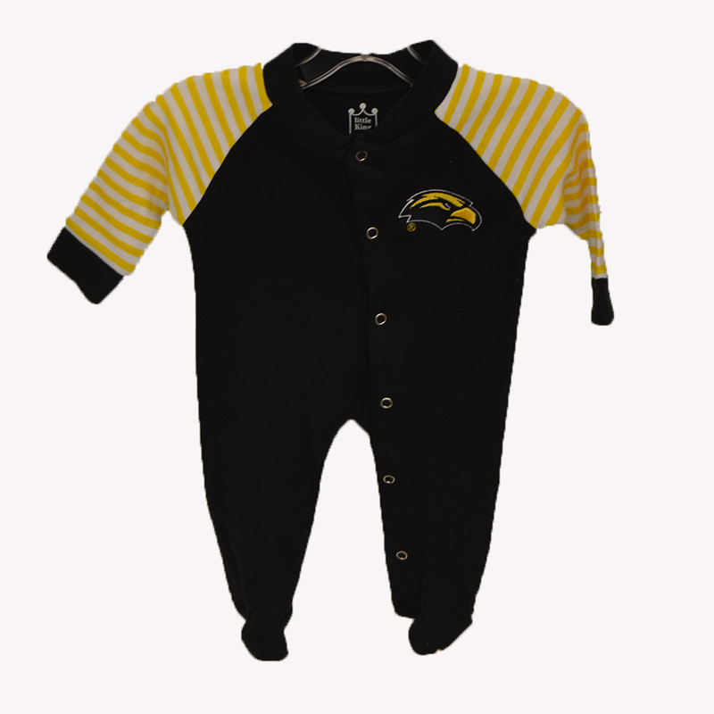 Little King Baby Footed Romper with Striped Sleeves and Eagle Head