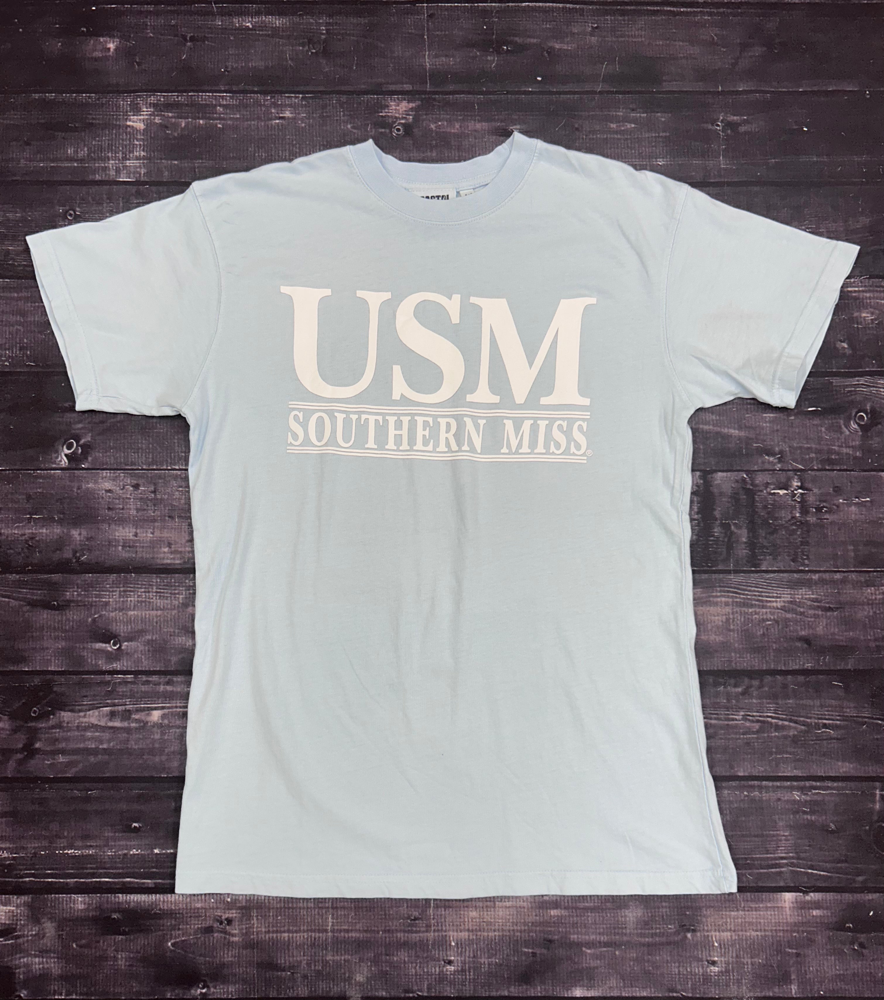 T-Shirt Short Sleeve Coastal Color USM over Double Bars Southern Miss Crystal Blue
