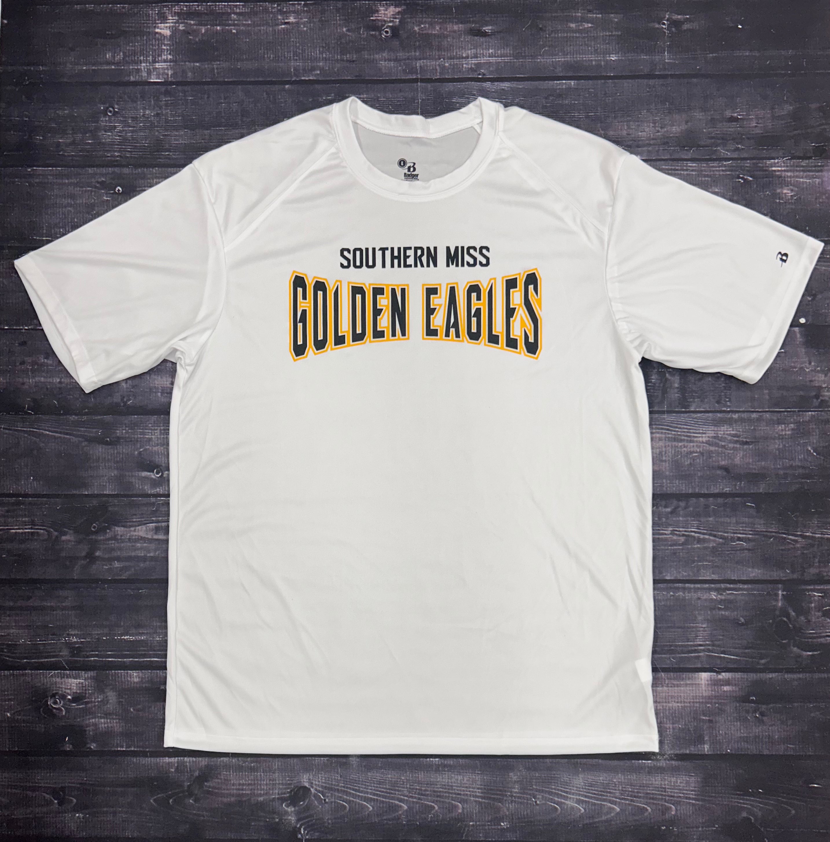 T-Shirt Short Sleeve B-Core Full Front Southern Miss Black Golden Eagles Concave Txt Black In White Out