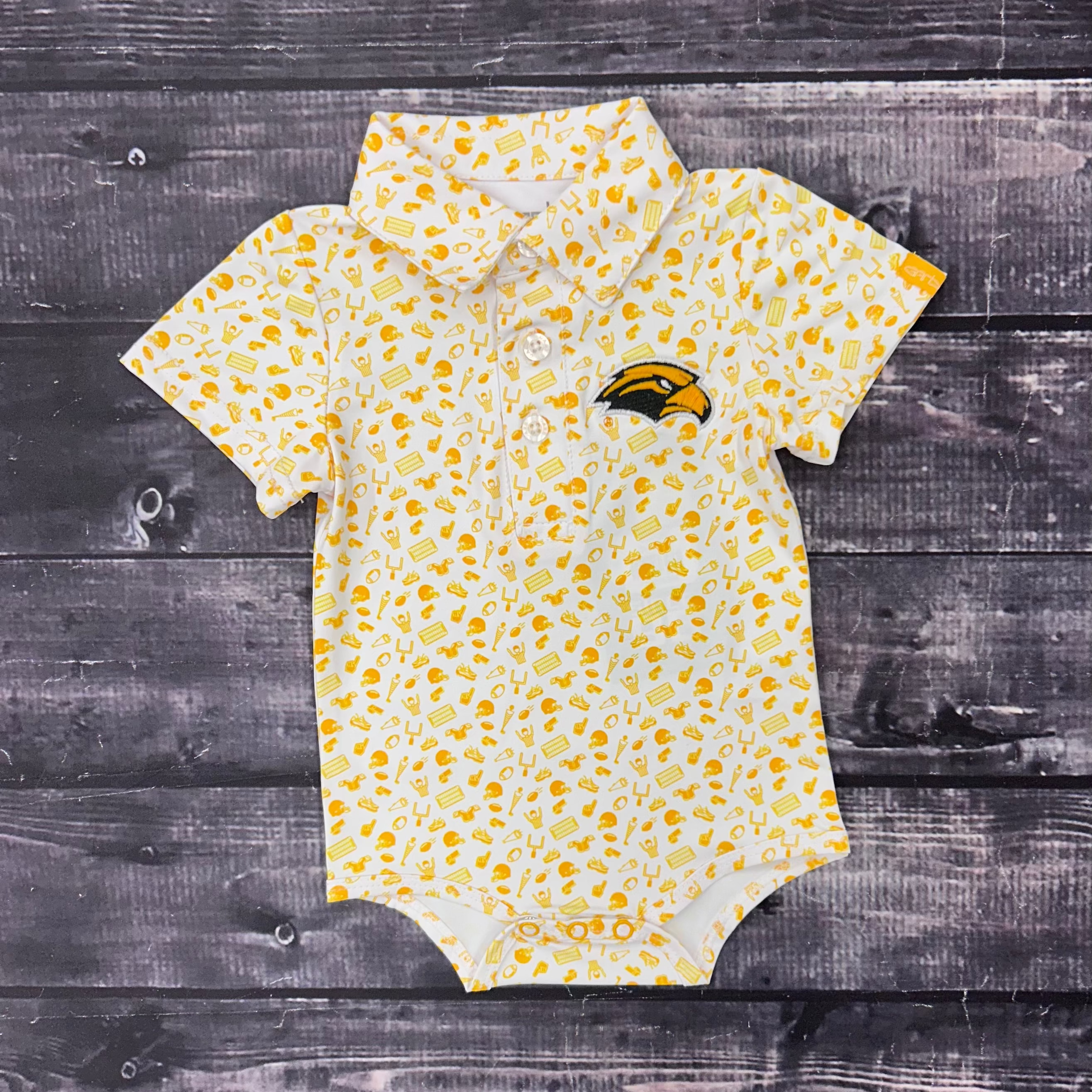 Baby Tom Polo Onesie with Football Pattern and Eagle Head