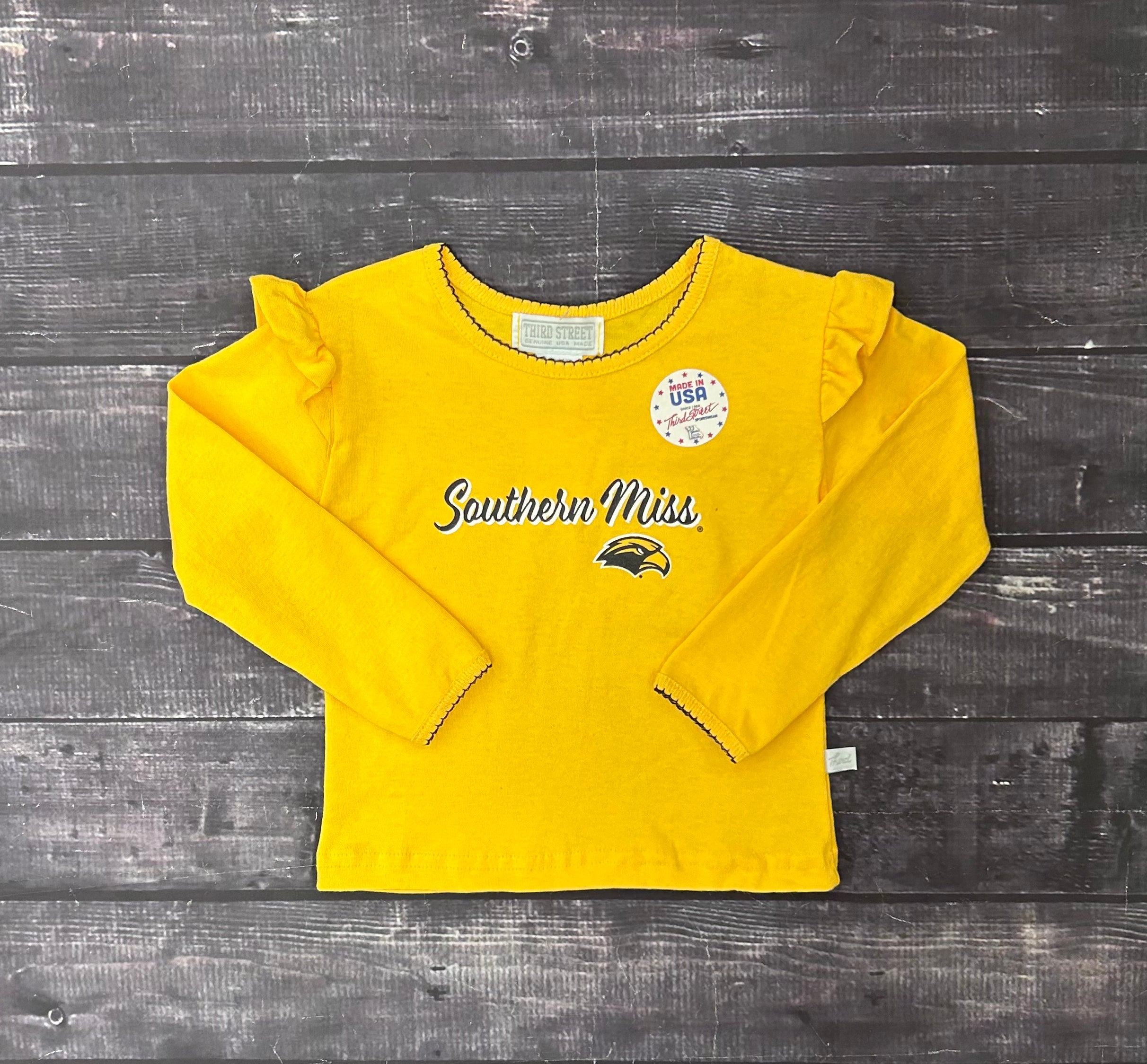 Toddler T-Shirt Long Sleeve Shoulder Ruffle Southern Miss Eagle Head