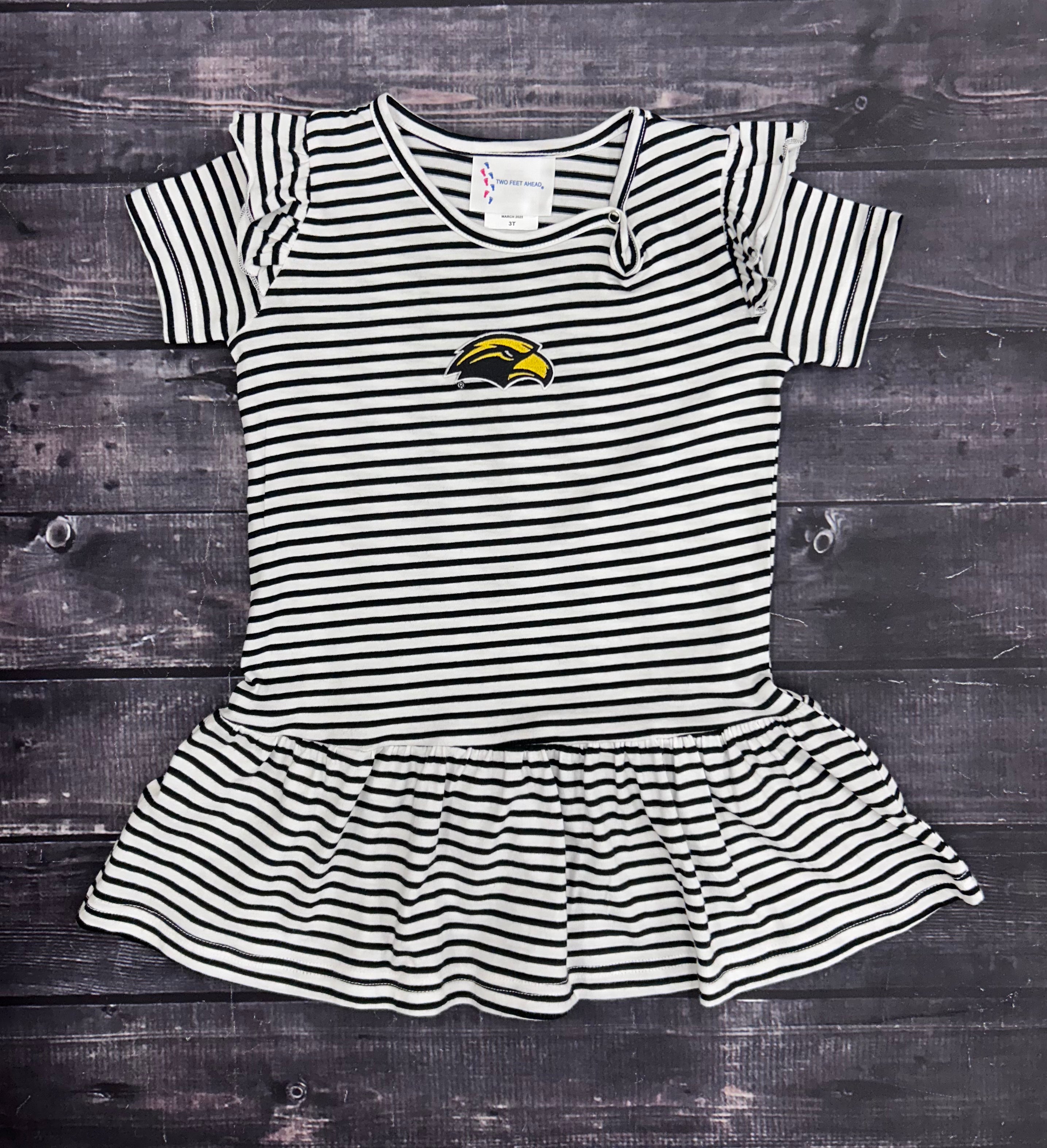 Toddler Dress Keyhole with Snap Shoulder Bottom Ruffle Eagle Head Stripe White
