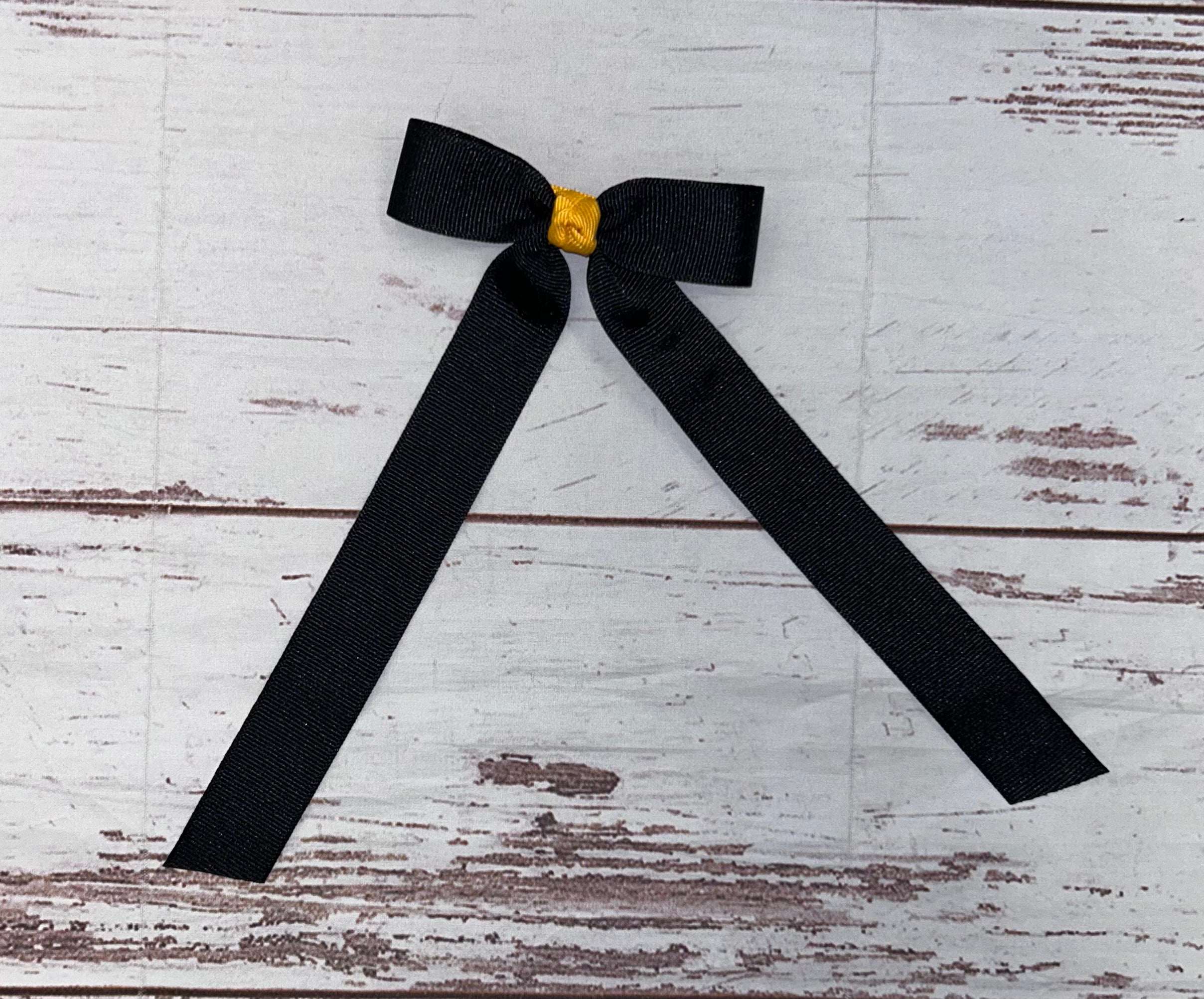 Grosgrain Hair Bow with Gold Knot and Black Streamers