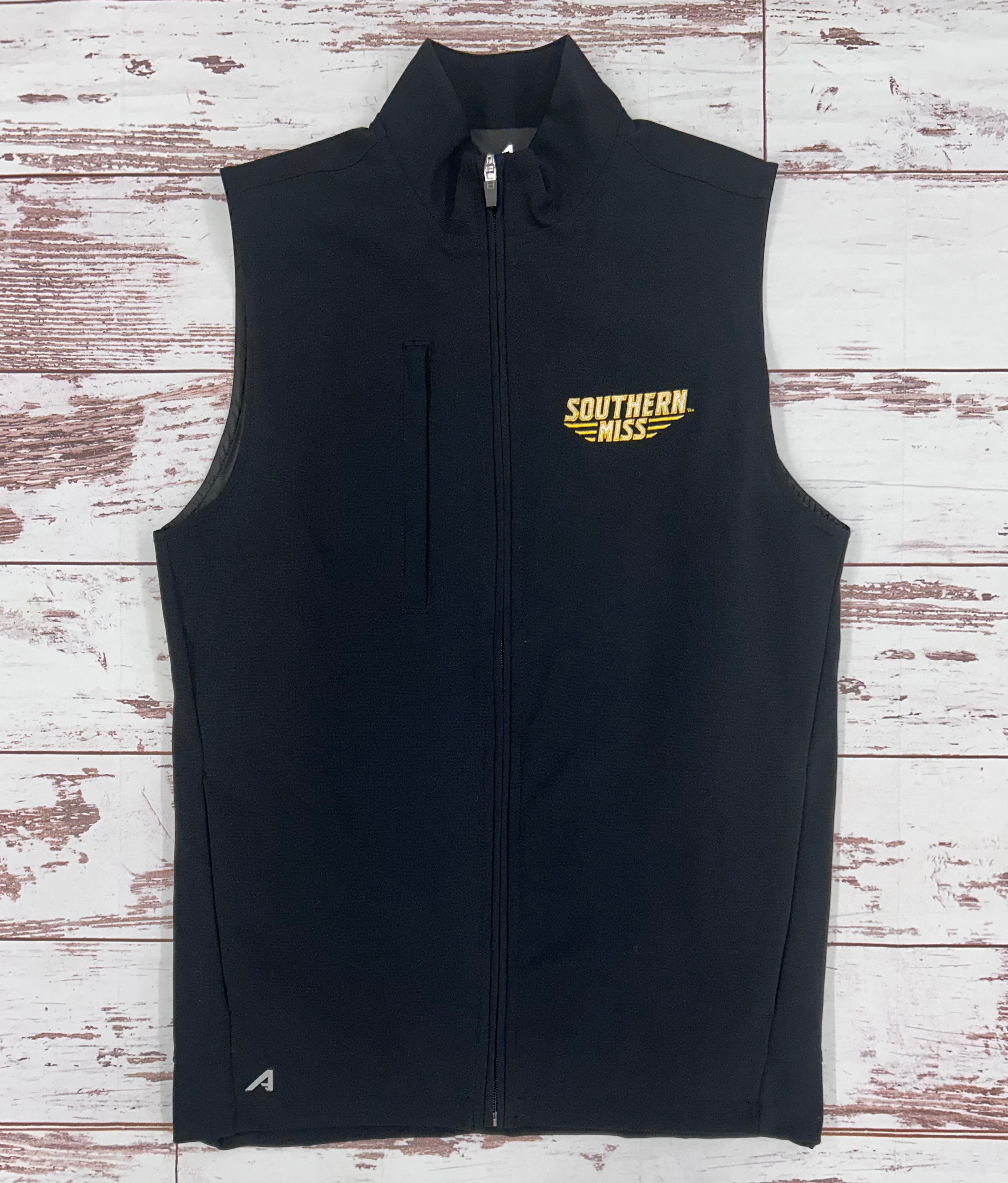 Antigua Men's Regard Full Zip Mock Neck Vest with Southern Miss Bars