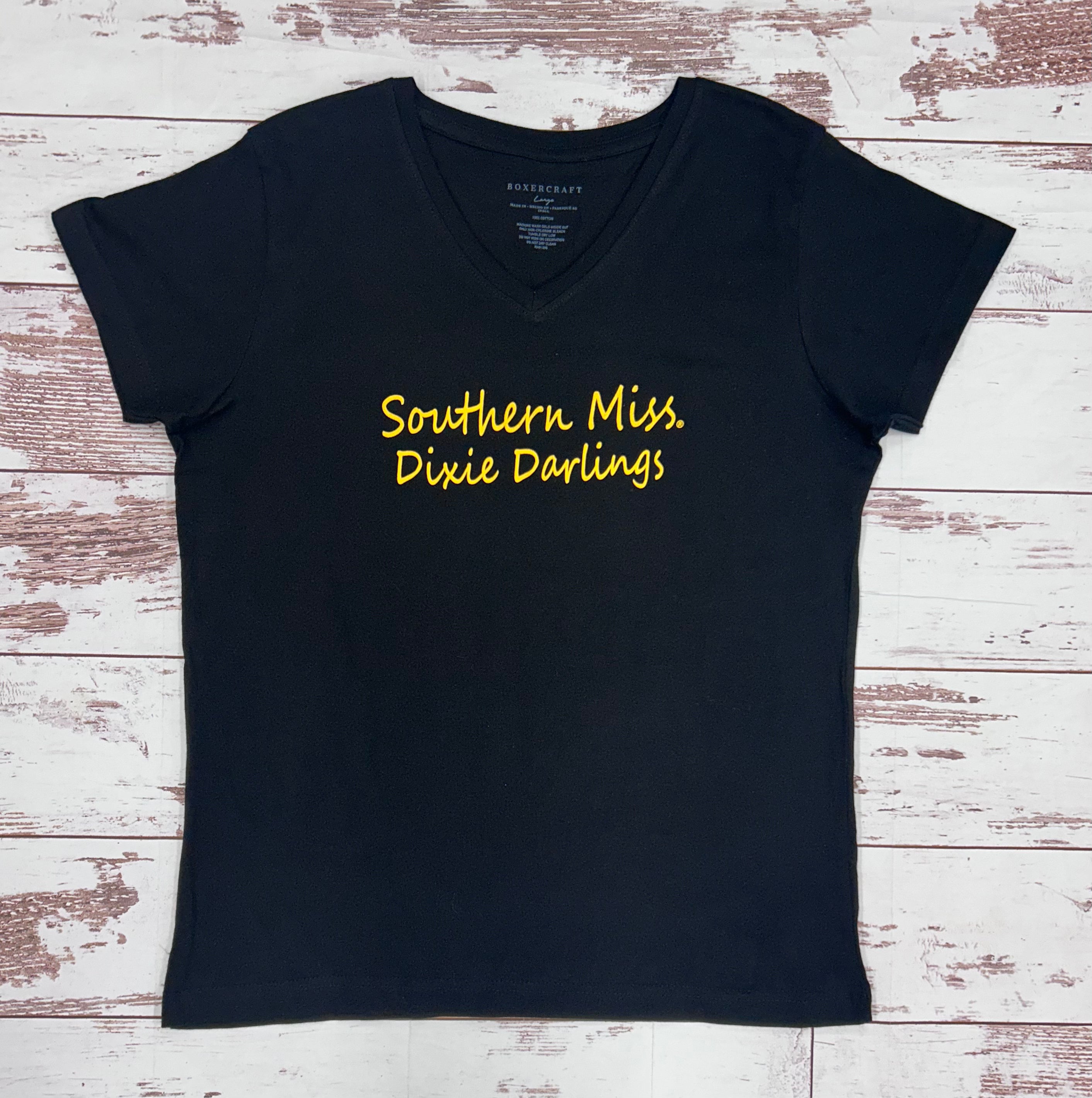 T-Shirt Women's Short Sleeve V-neck Full Front Miss Dixie Darlings Script Thin