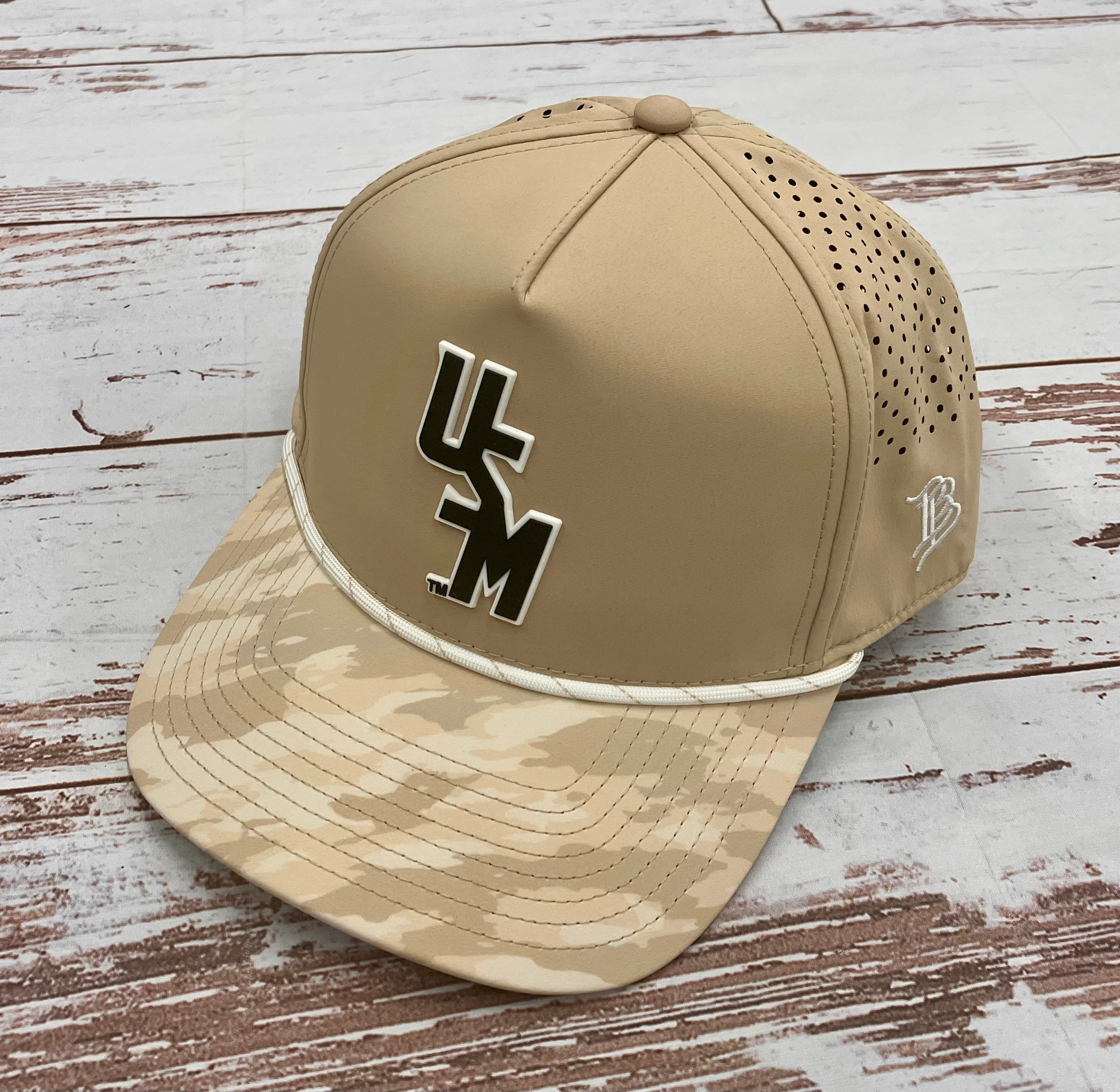 Cap Baseball Bill Rope White with Rubber Stacked USM Black White Logo
