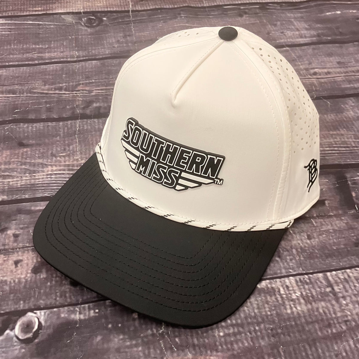 Branded Bills Baseball Cap with Striped Bill Rope and PVC Southern Miss Bars Rubber Logo Holes Laser Cut Back