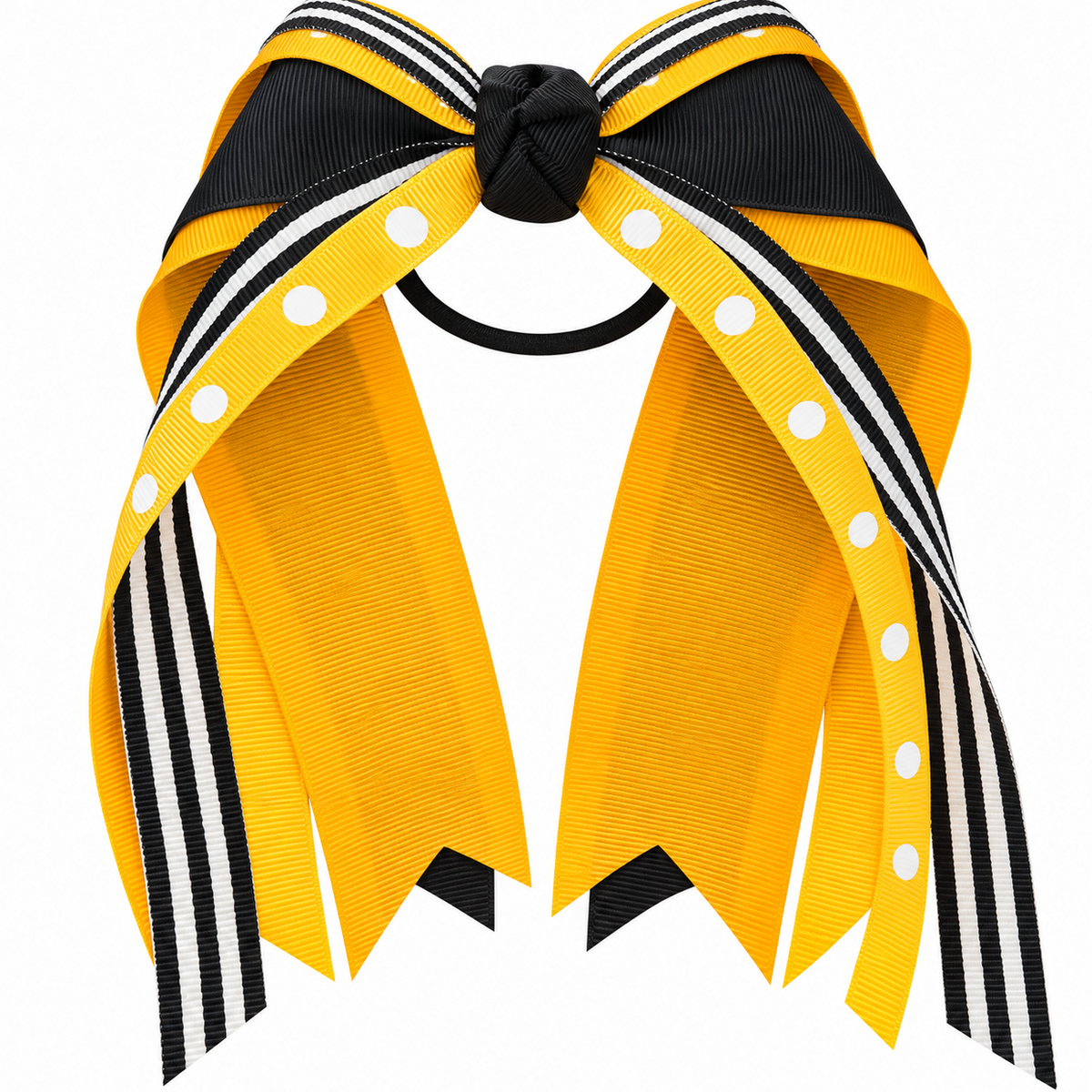 Elastic Pony Hair Bow with Streamers Gold Black White Stripes Dots