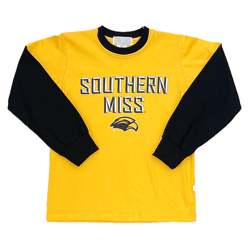 Youth T-Shirt Long Sleeve Southern Miss Eagle Head Black Silver
