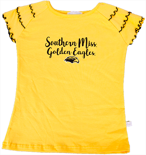 Youth T-Shirt Silver Shoulder Ruffle Southern Miss Golden Eagles Script