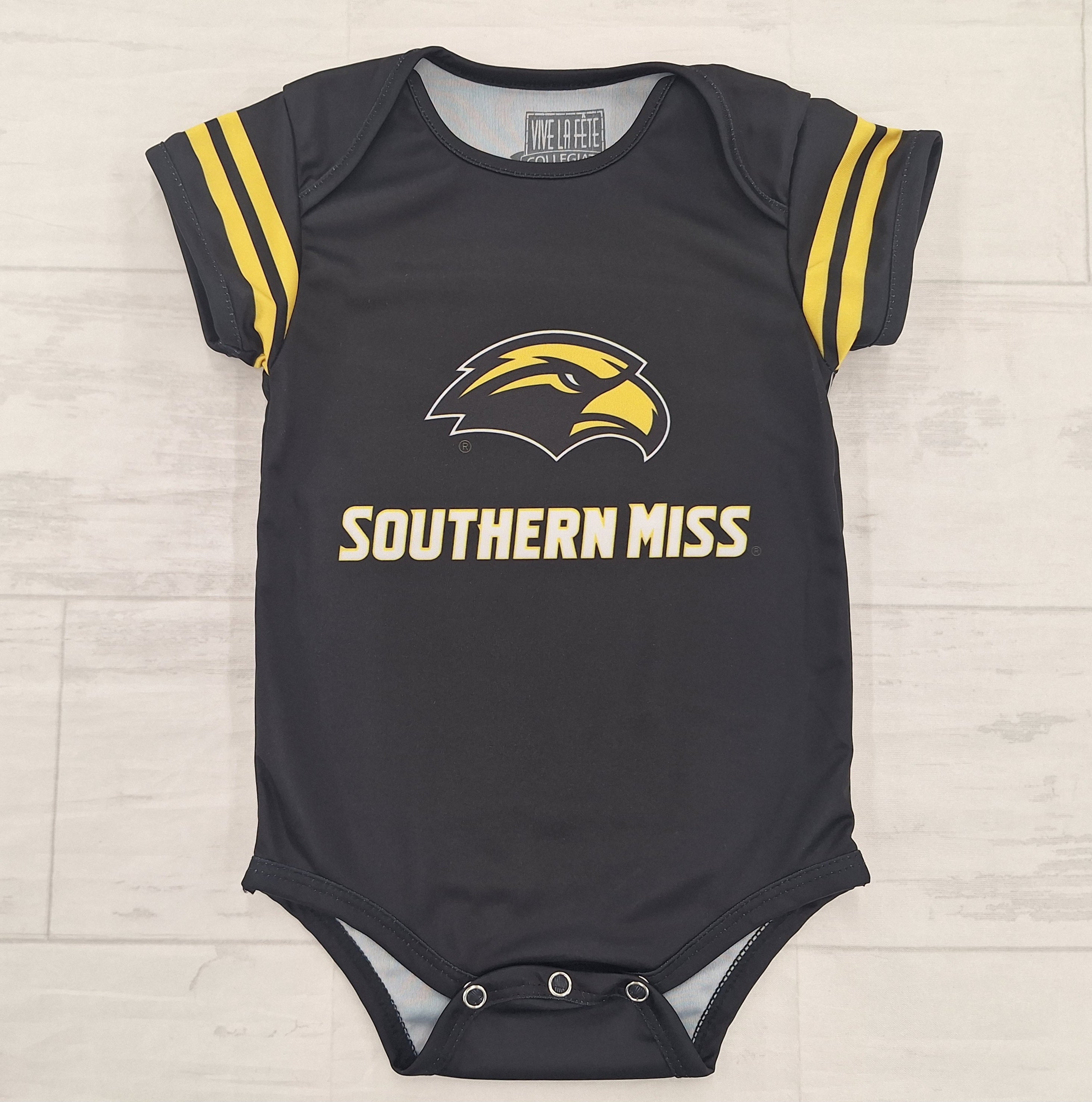 Baby Onesie with Gold Striped Sleeves