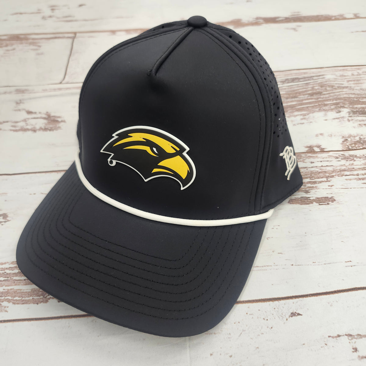 Branded Bills Baseball Cap with White Bill Rope and PVC Eagle Head Rubber Logo Laser Cut Hole Back