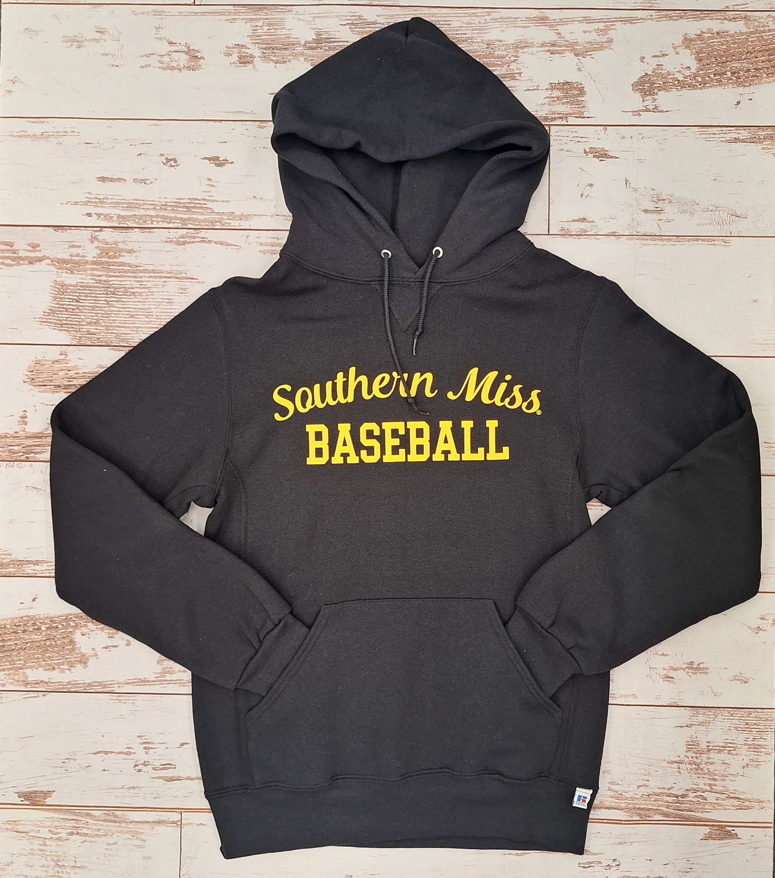 Fleece Hooded Sweatshirt with Gold Southern Miss Script Baseball Gold