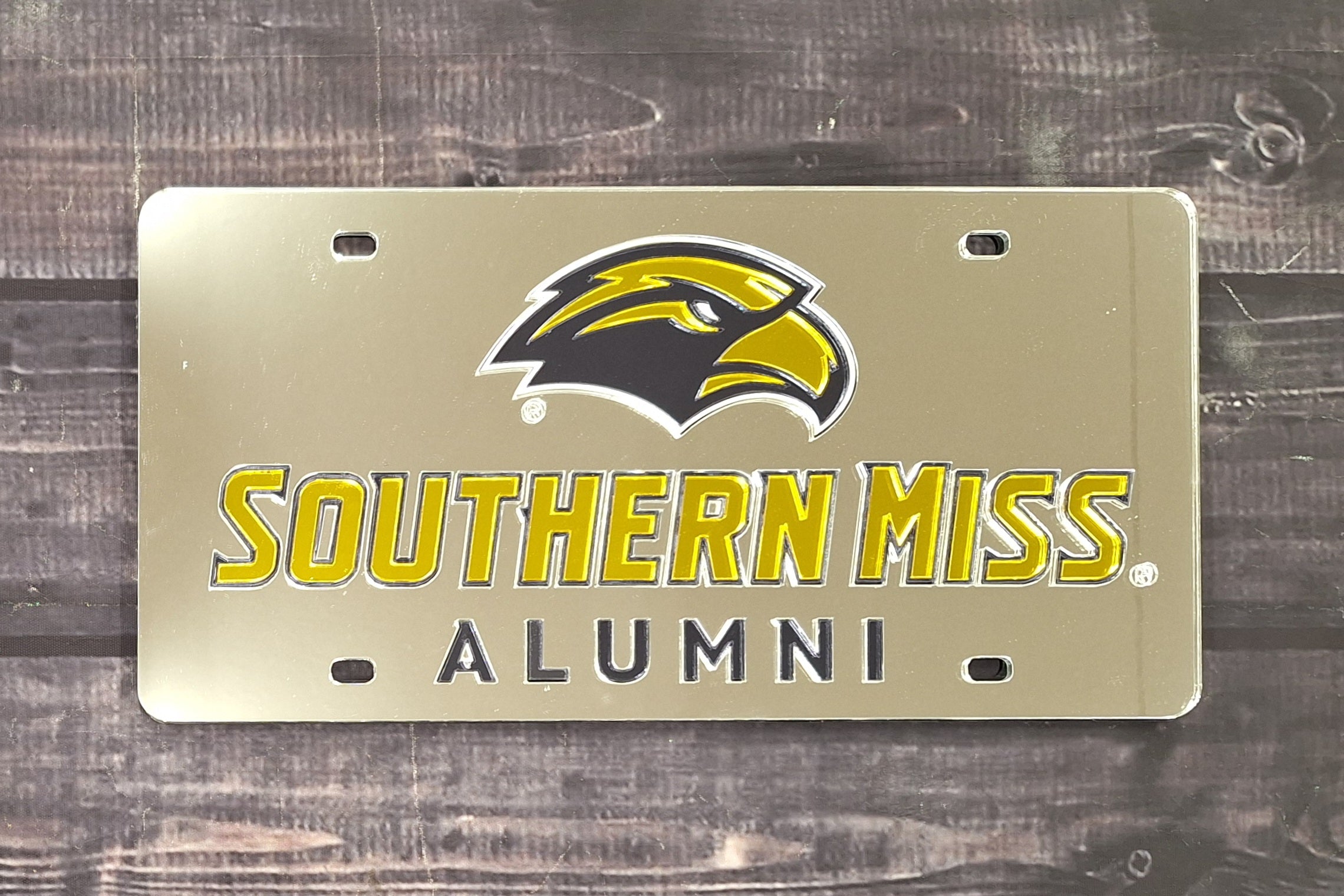 Auto License Plate Eagle Head Southern Miss Gold Mirror Over Alumni Black Mirror On Silver Mirror BackgRound
