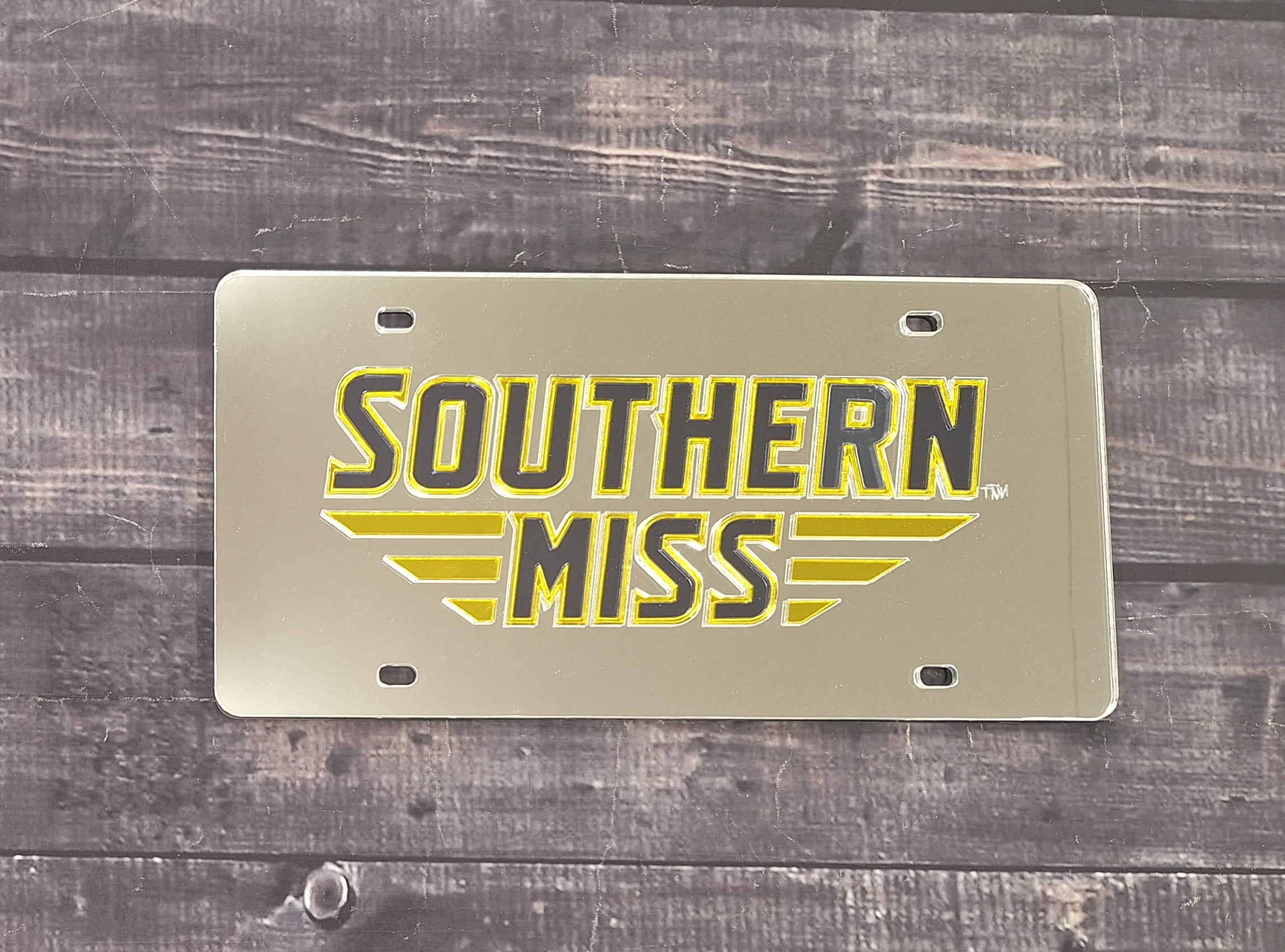 Auto License Plate Southern Miss Bars Black Gold Mirror On Silver Mirror BackgRound