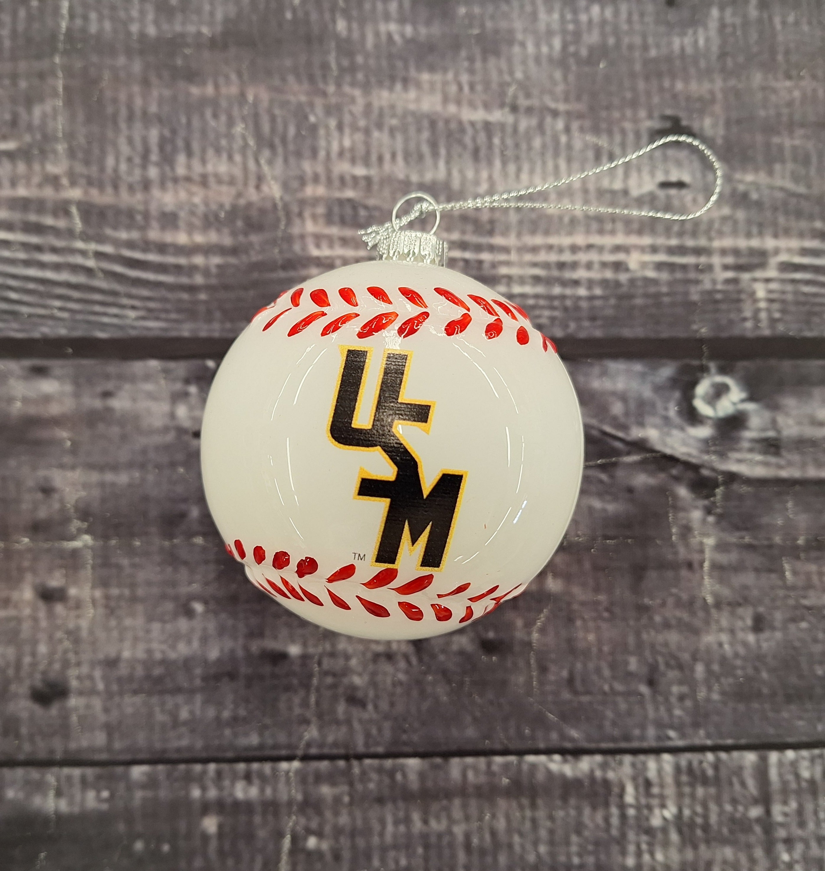 Christmas Ornament Glass Round Baseball University Of Southern Mississippi Stacked