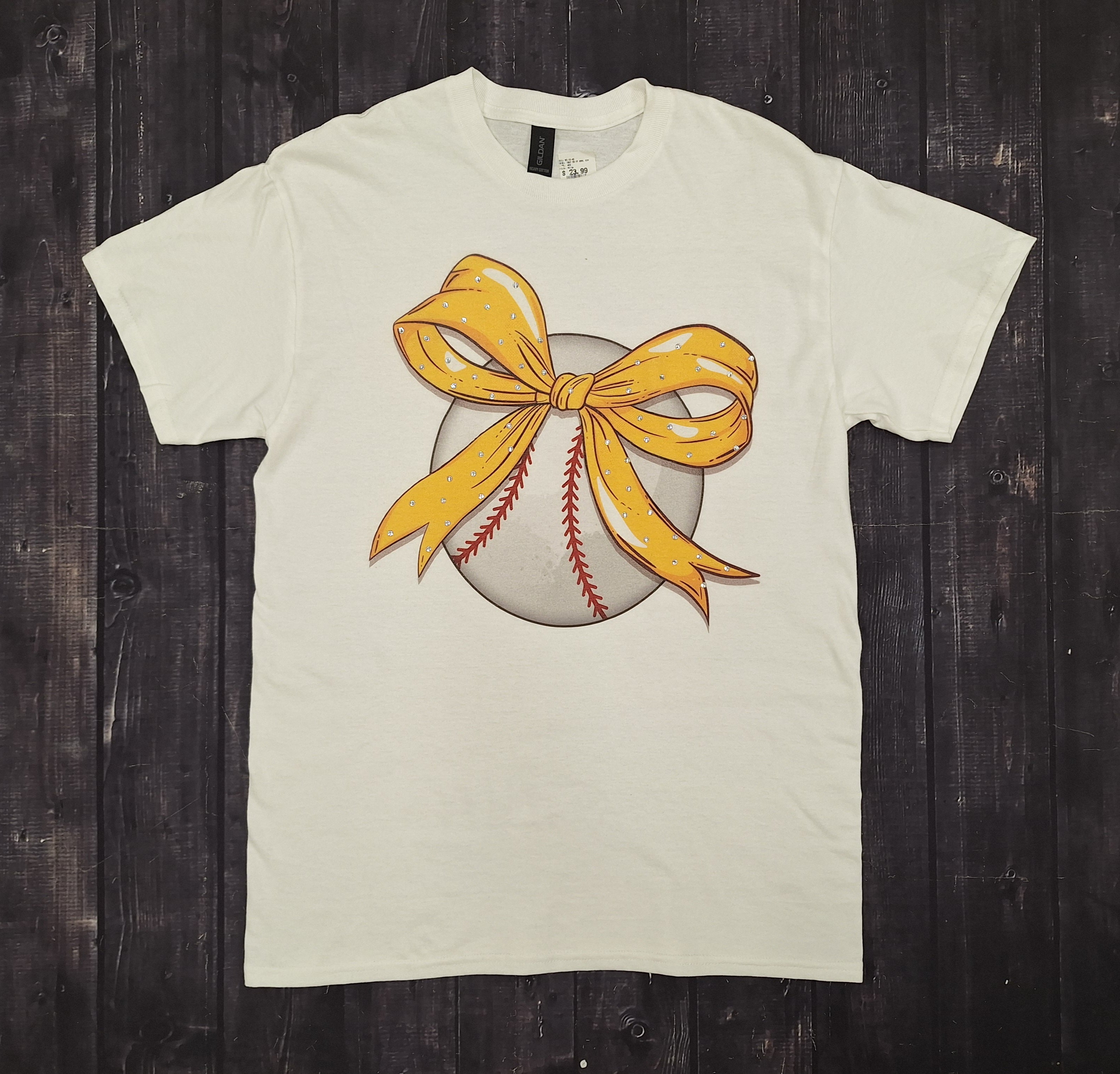 T-Shirt Short Sleeve Full Front Baseball Bow Gold Rhinestones