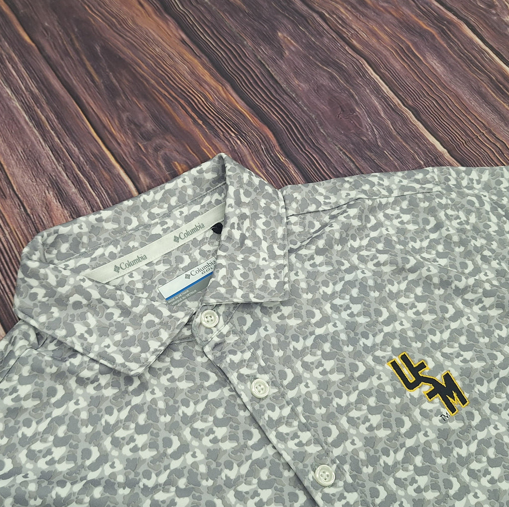 Columbia Men's Catchy Swing Short Sleeve Polo with Camo Look Print and Stacked USM